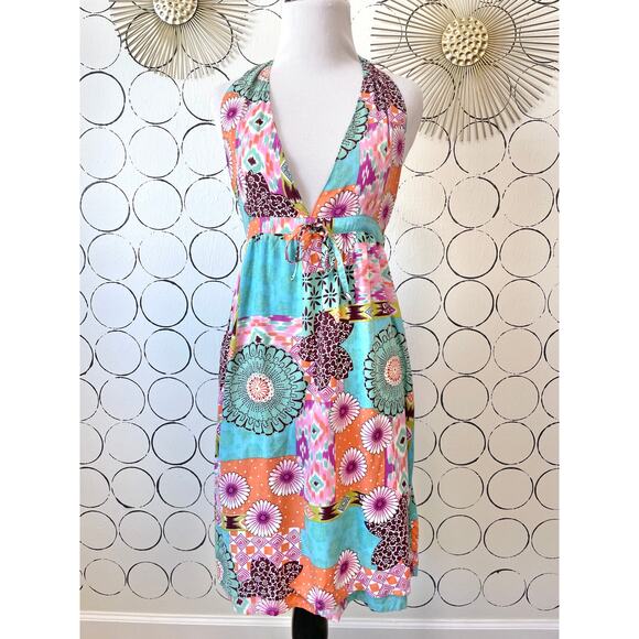 Gaya Womens Halter Babydoll Mini Dress M Colorful Patchwork Boho Hippie Floral - Picture 1 of 12